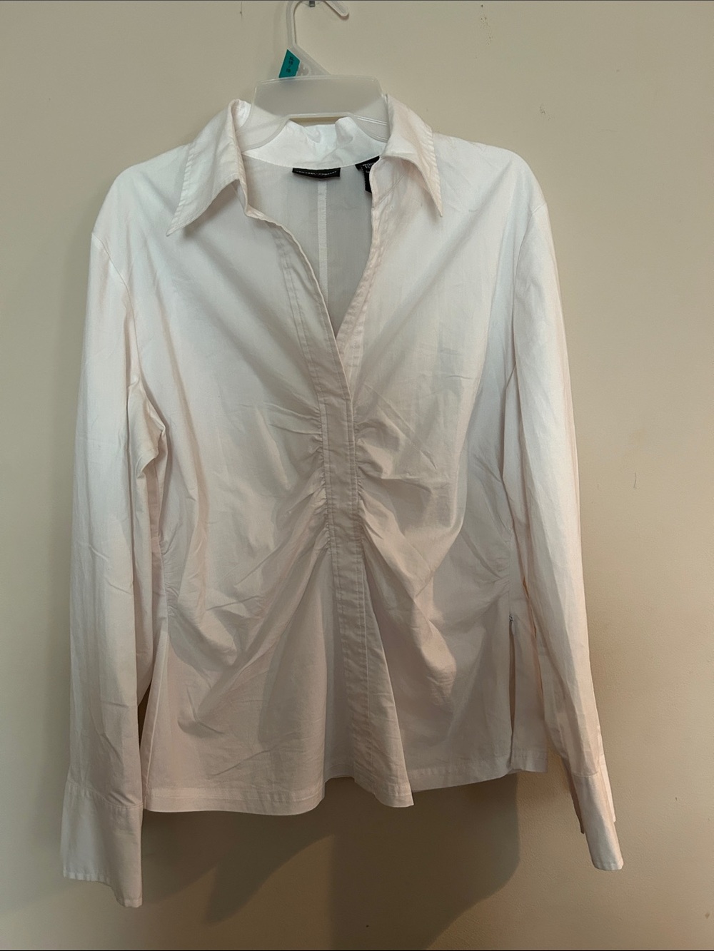 New York & Company White Gathered Front Button-Down Shirt